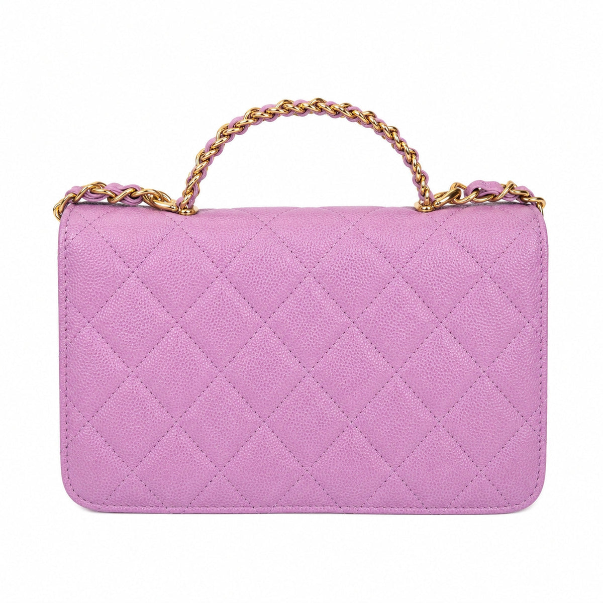 A light pink quilted leather handbag with a gold chain handle and gold-tone hardware, shown against a plain white background.