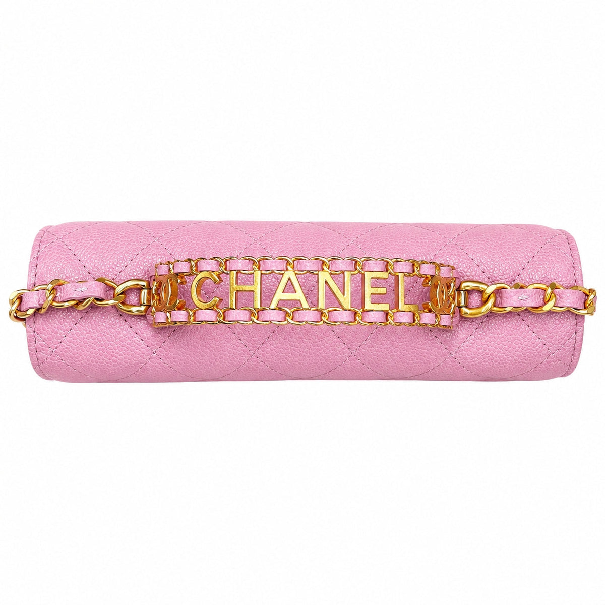 A pink quilted leather shoulder bag with a gold-tone chain strap and a central gold-tone metal bar spelling 'CHANEL' in large letters.