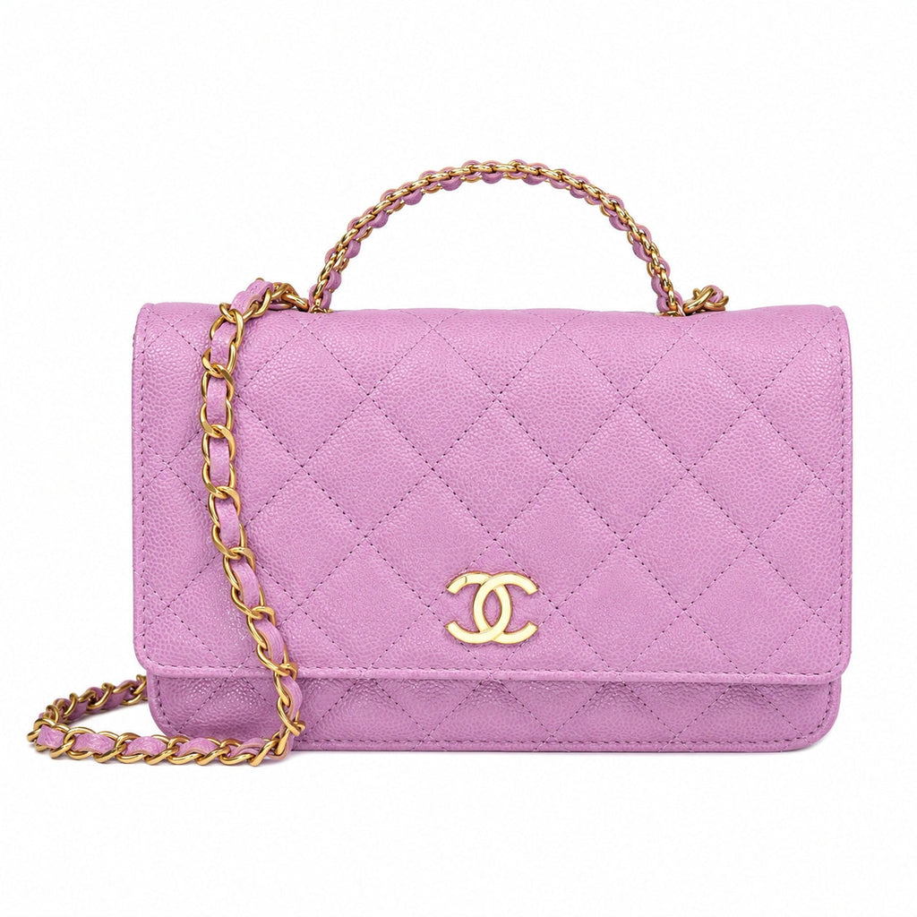 A pink quilted flap handbag with a gold-tone interwoven top handle and chain strap, featuring a gold interlocking CC logo on the front.