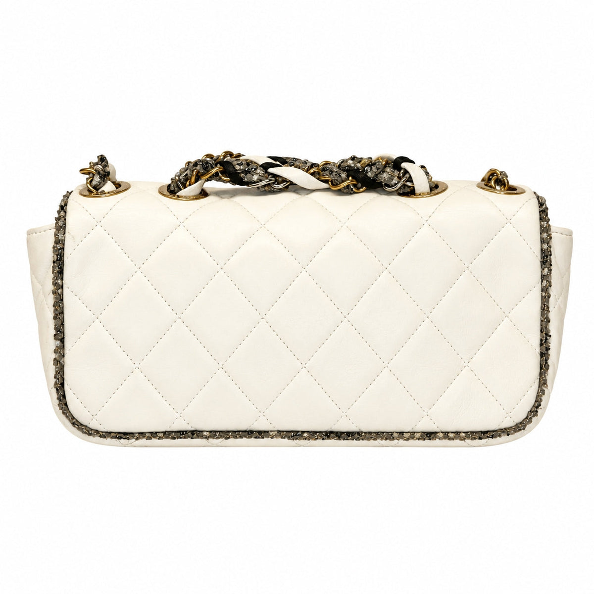A quilted white leather shoulder bag with a snakeskin-patterned woven strap and gold-tone hardware, shown against a plain white background.