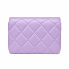 A lavender quilted leather clutch bag with a diamond pattern, shown against a plain white background.