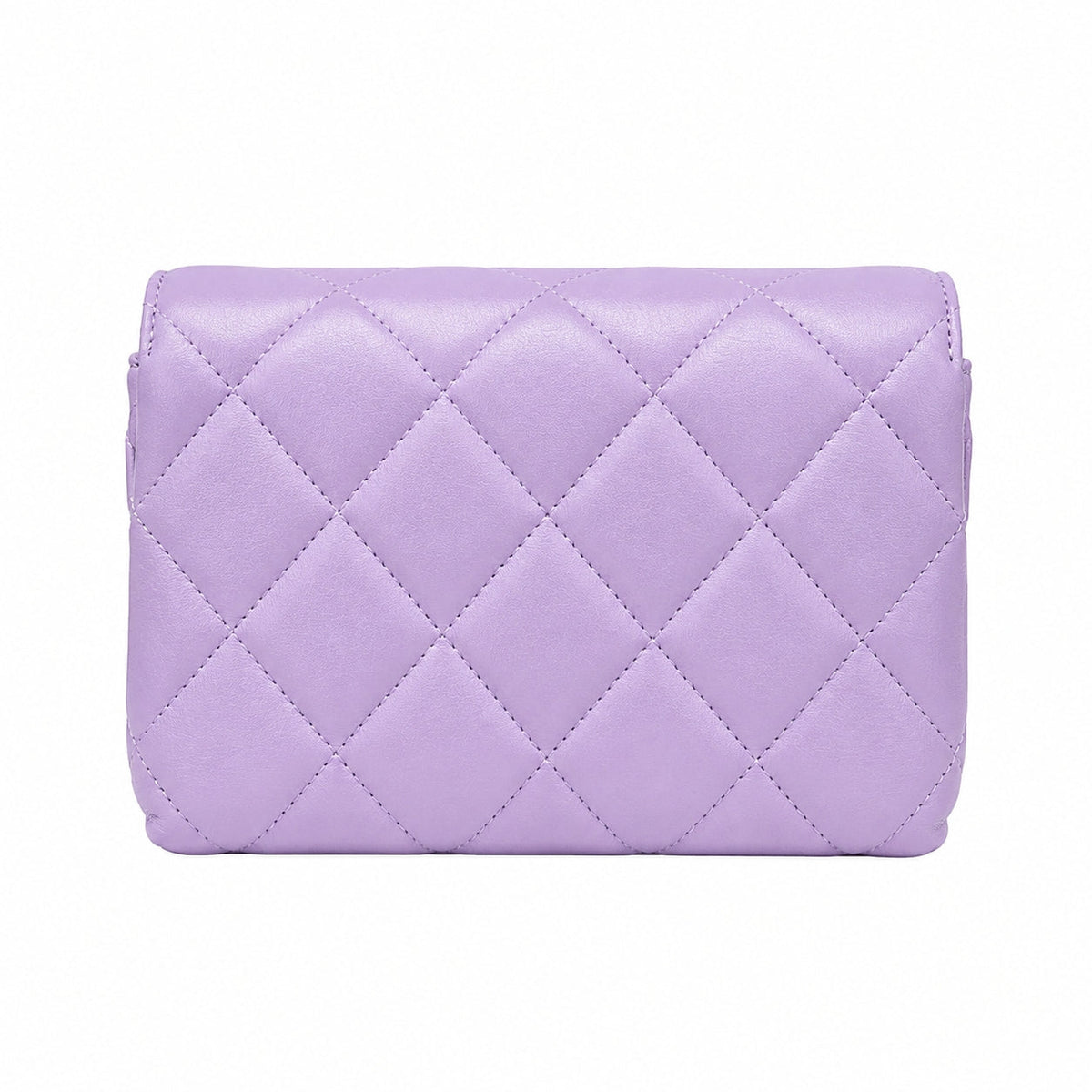 A lavender quilted leather clutch bag with a diamond pattern, shown against a plain white background.