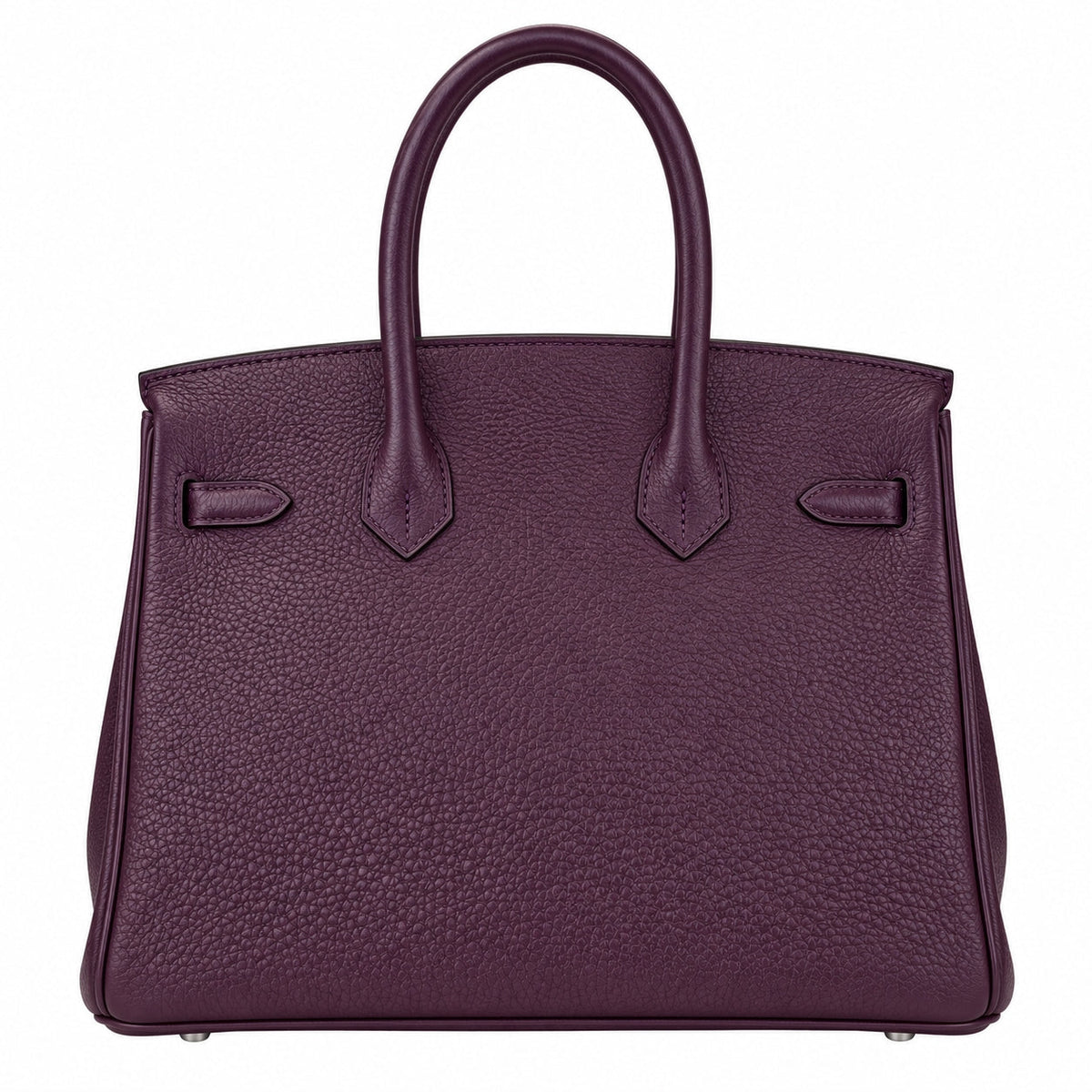 A dark purple pebbled leather handbag with double top handles, shown against a plain white background.
