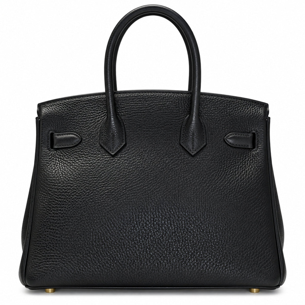 A black pebbled leather handbag with double top handles, structured silhouette, and gold-tone hardware, photographed against a plain white background.