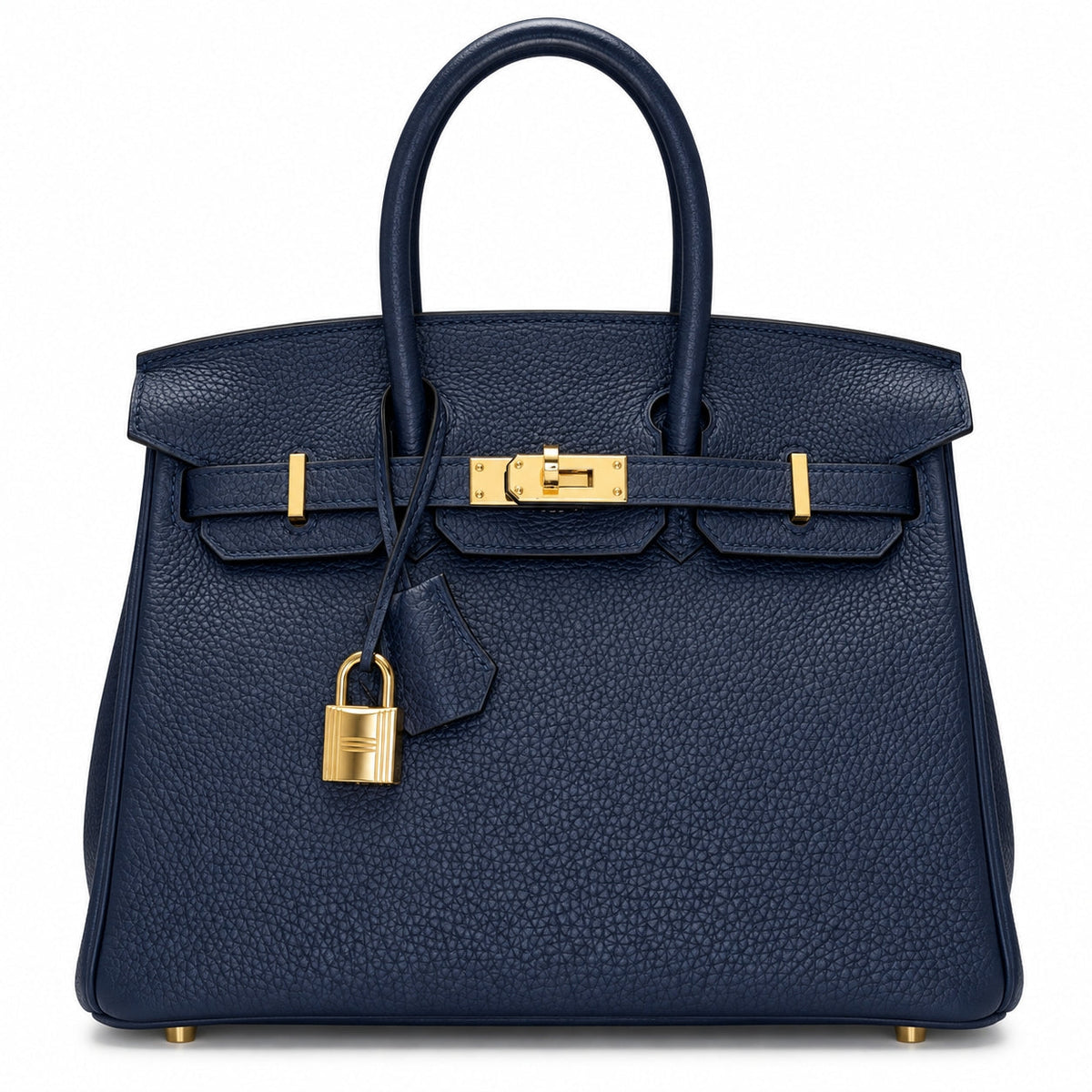 A navy blue pebbled leather handbag with gold-tone hardware, featuring dual top handles, a front strap closure, and a hanging padlock, shown against a plain white background.