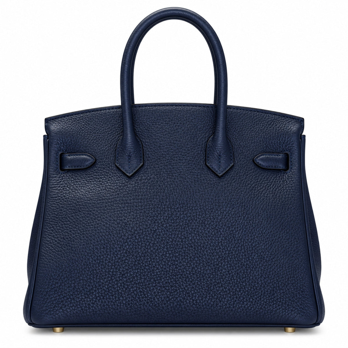 A navy blue pebbled leather handbag with double top handles and gold-tone hardware, photographed against a clean white background.