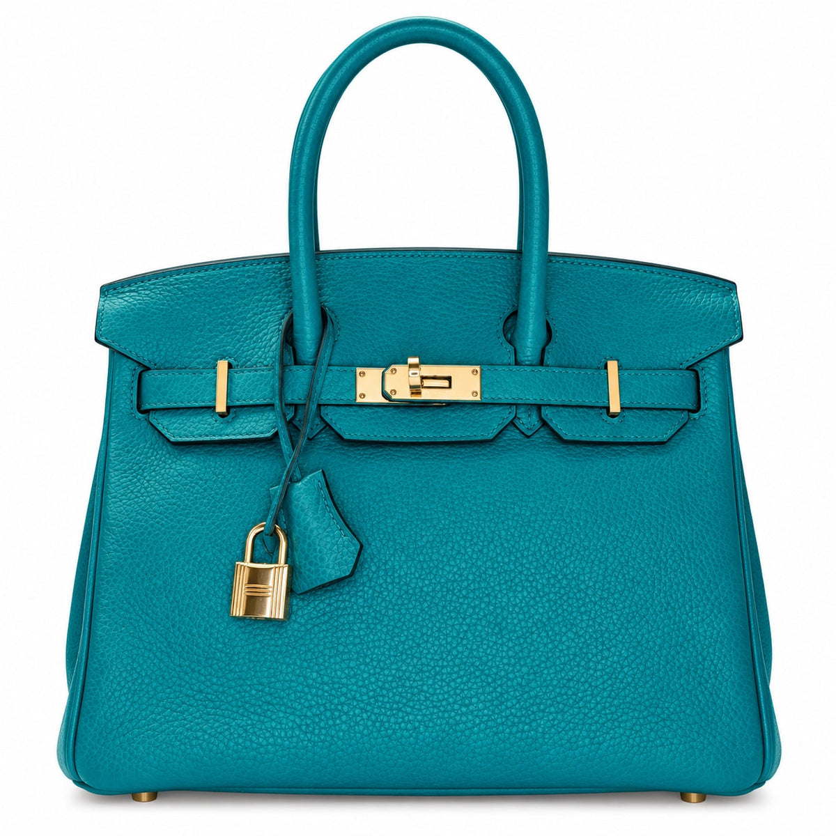 A teal pebbled leather handbag with gold-tone hardware, dual top handles, a front strap closure, and a hanging padlock, photographed on a clean white background.