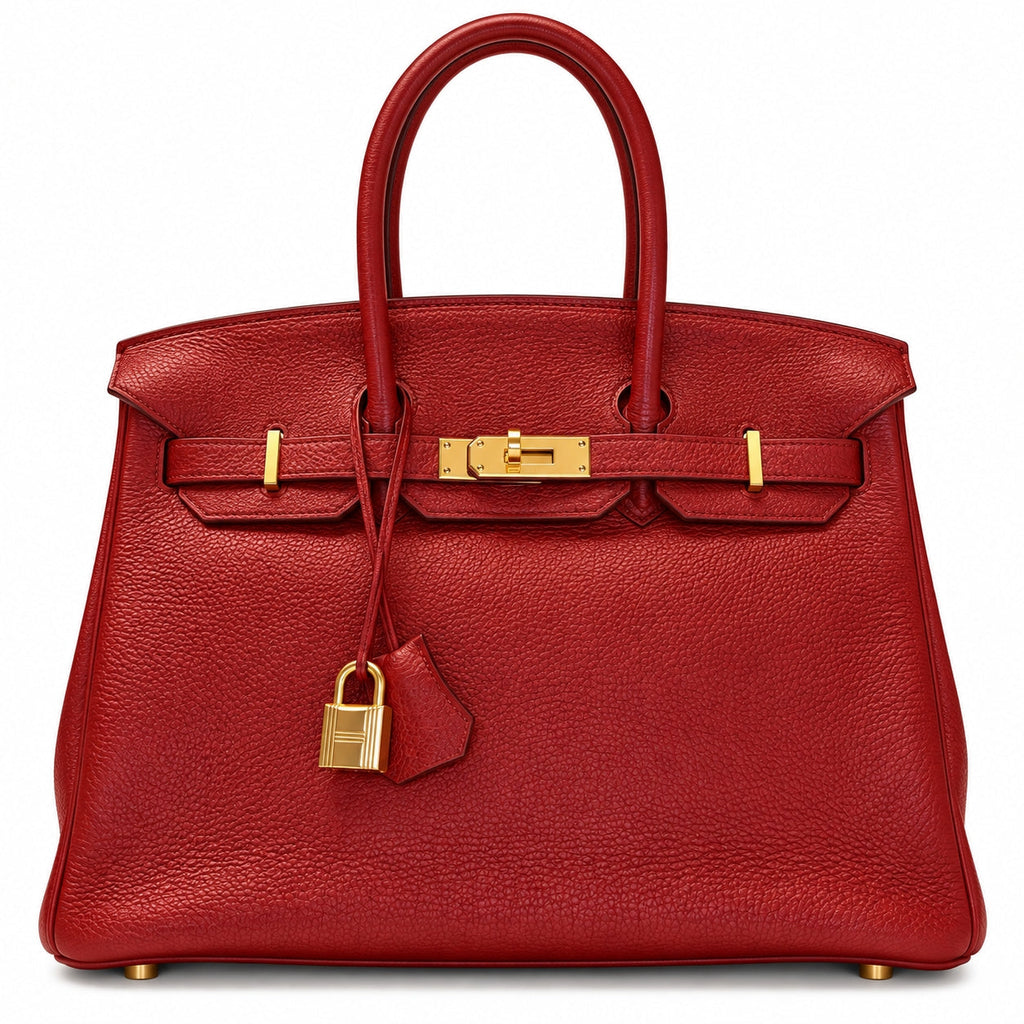 A red grained leather handbag with gold-tone hardware, featuring dual top handles, a front strap closure, and a hanging clochette lock, photographed against a plain white background.