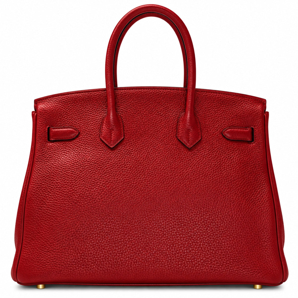 A red pebbled leather handbag with dual top handles and gold-tone hardware, photographed against a clean white background.