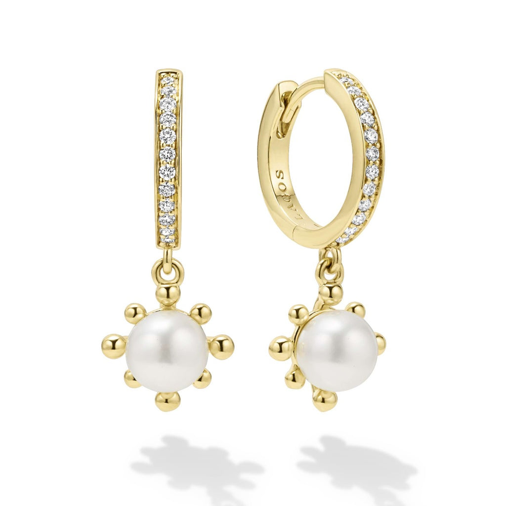 LAGOS "Luna" Yellow Gold Fleur Pearl Diamond Huggie Earrings | Louis Anthony Jewelers