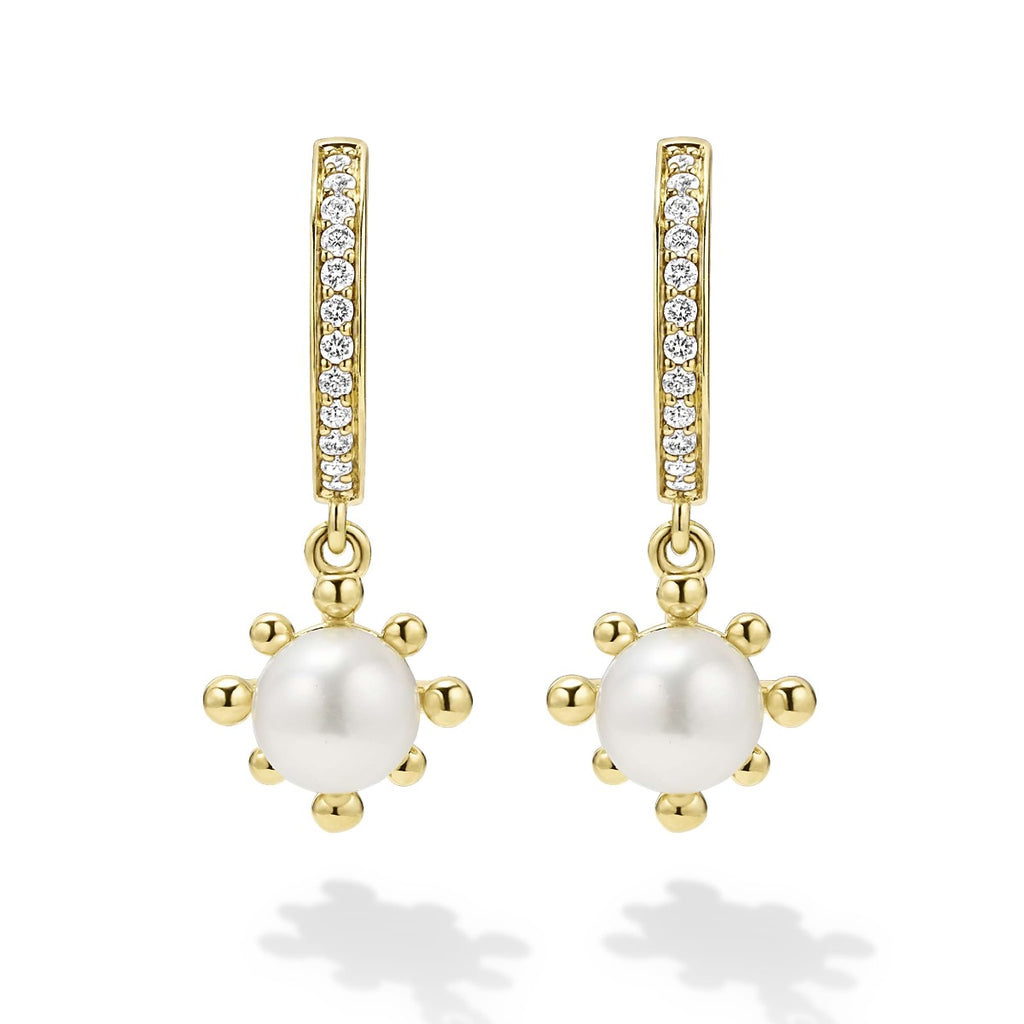 "Luna" Yellow Gold Fleur Pearl Diamond Huggie Earrings