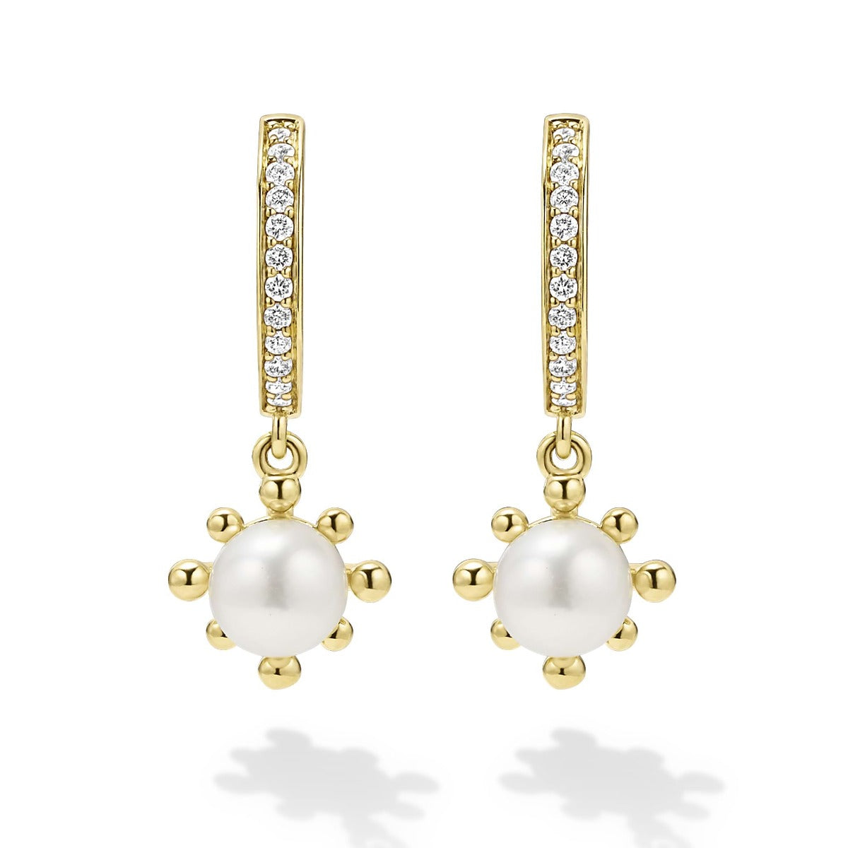 "Luna" Yellow Gold Fleur Pearl Diamond Huggie Earrings