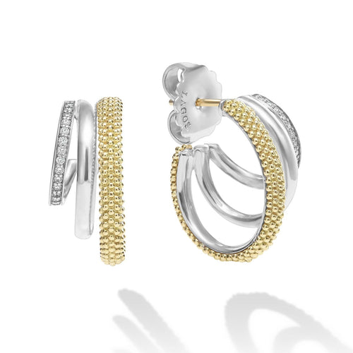 "Caviar Lux" Two-Tone Three Ring Diamond Hoop Earrings