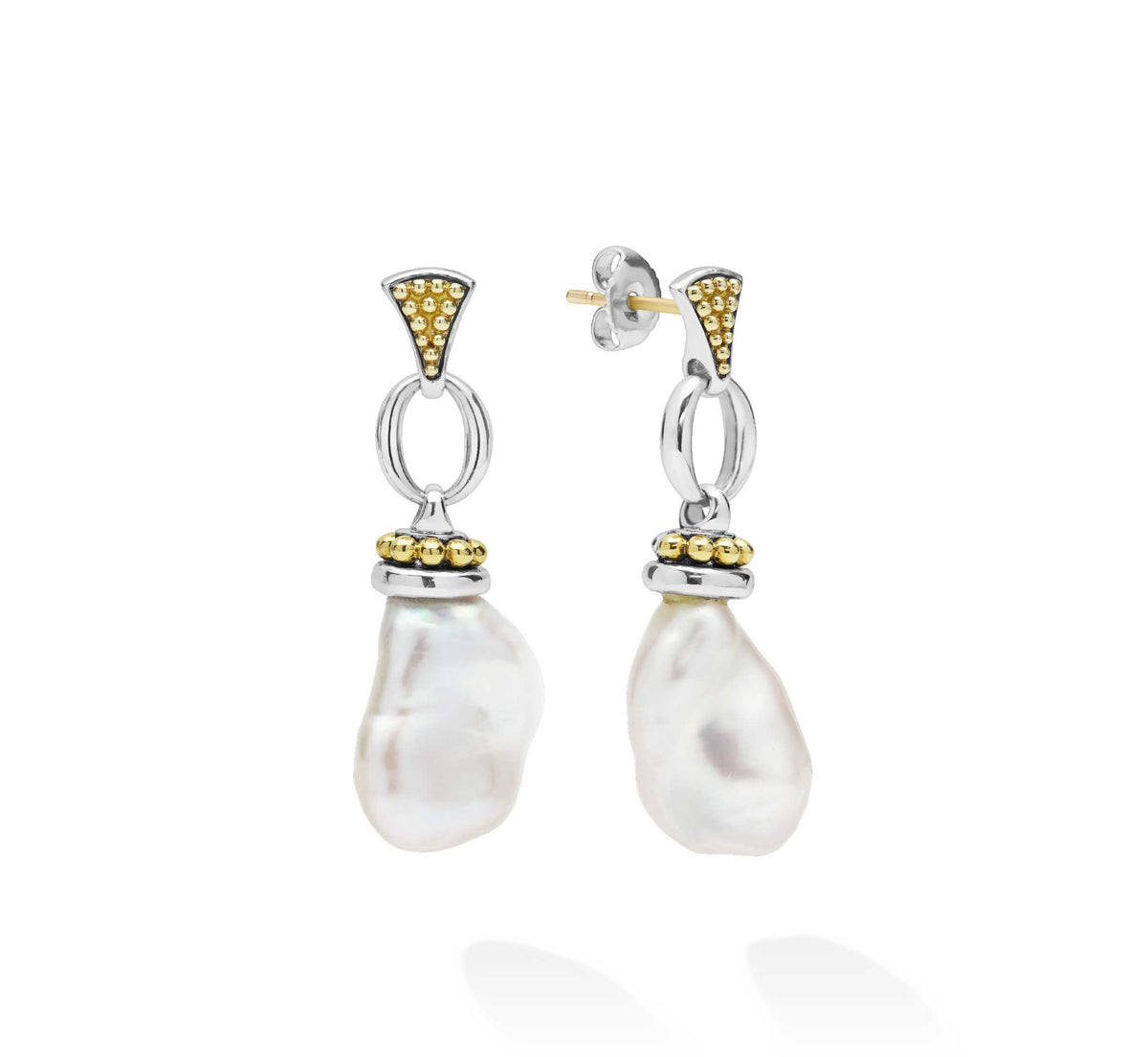 "Luna" Two-Tone Pearl Caviar Drop Earrings