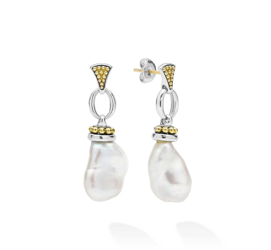 "Luna" Two-Tone Pearl Caviar Drop Earrings