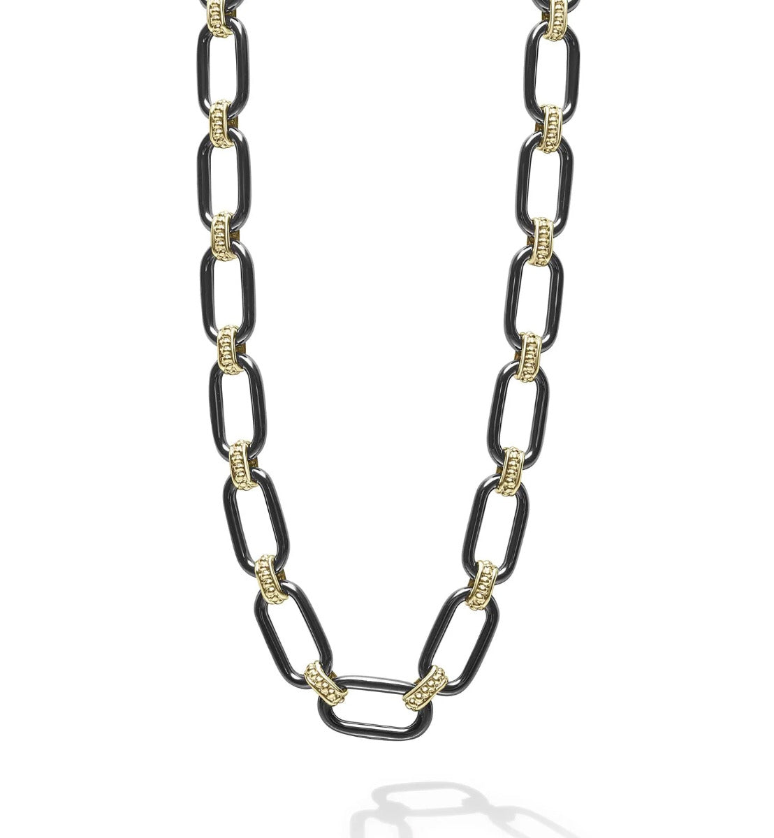 LAGOS "Signature Caviar" Black Ceramic Link Necklace in 18kt Yellow Gold