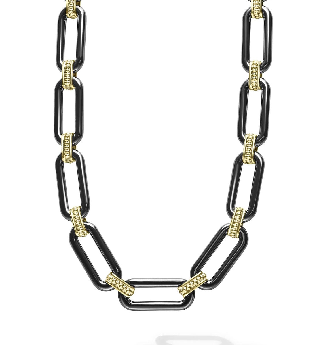 LAGOS "Signature Caviar" Black Ceramic Link Necklace in 18kt Yellow Gold