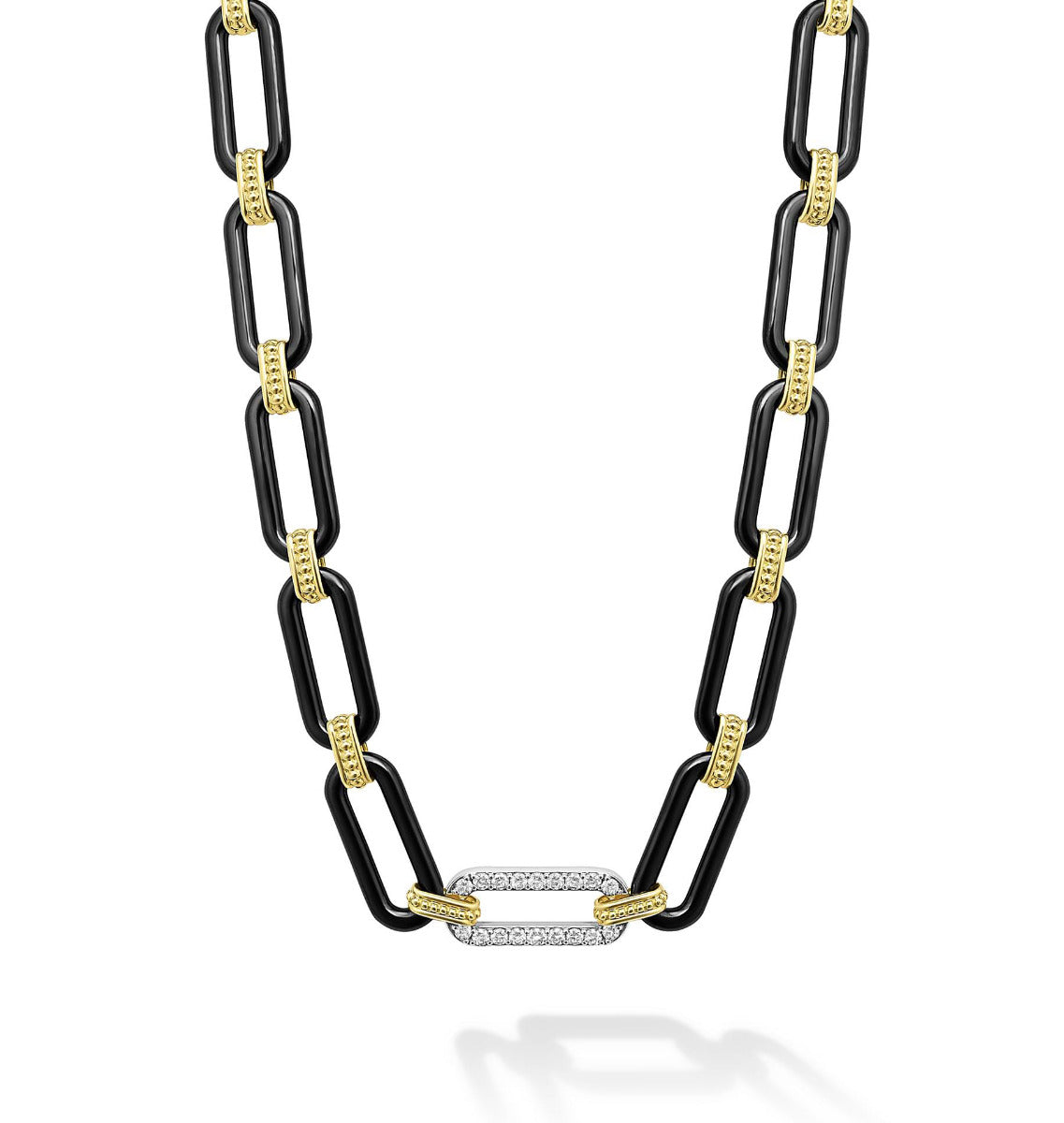 LAGOS "Signature Caviar" Black Ceramic Diamond Link Necklace in 18kt Yellow Gold
