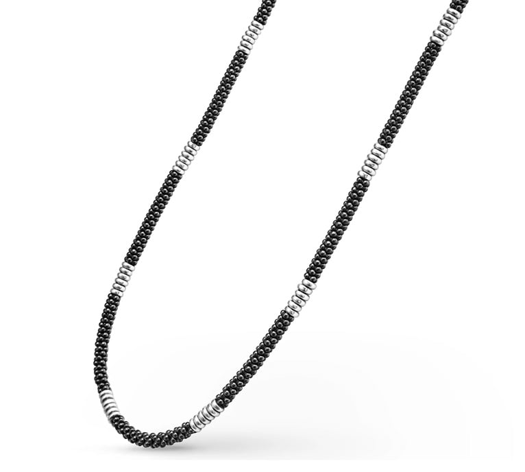 "Black Caviar" Silver Station Ceramic Beaded Necklace, 18"