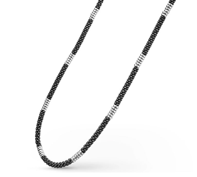 "Black Caviar" Silver Station Ceramic Beaded Necklace, 16"