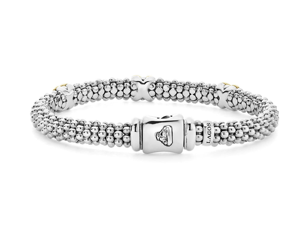 "Embrace" Beaded X Bracelet with 3 Gold Stations (7)
