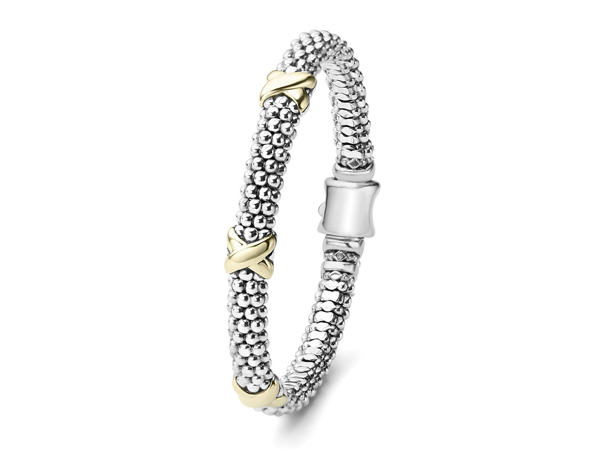 "Embrace" Beaded X Bracelet with 3 Gold Stations (7)