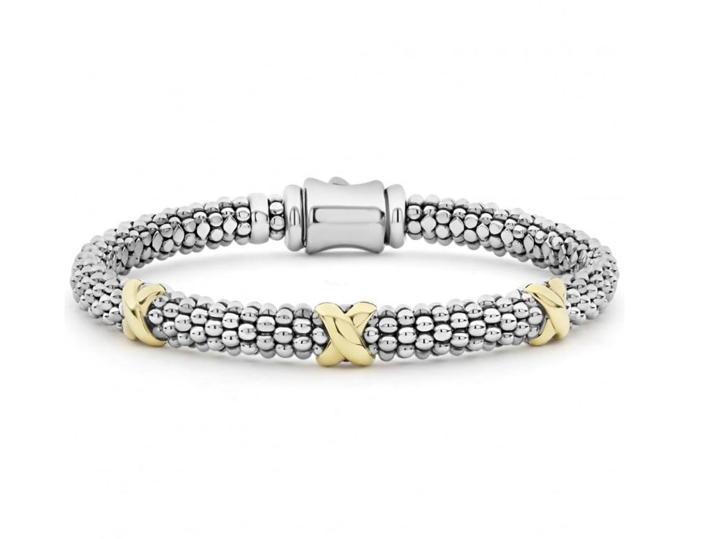 LAGOS "Embrace" Beaded X Bracelet with 3 Gold Stations, Size 7
