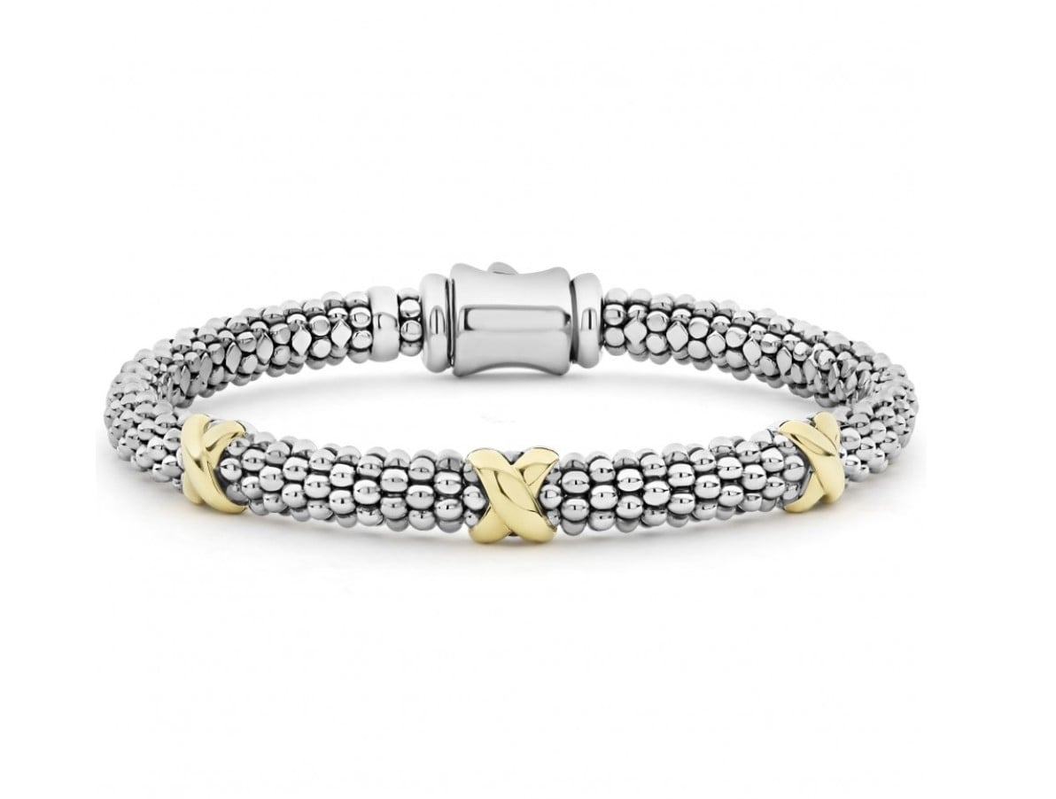 LAGOS "Embrace" Beaded X Bracelet with 3 Gold Stations, Size 7