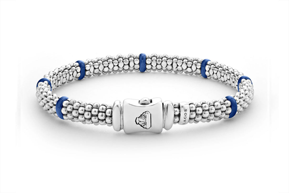 "Blue Caviar" Ceramic Station Caviar Bracelet, Size 7
