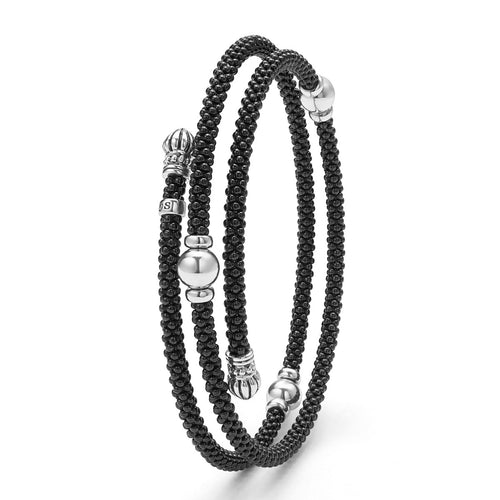 "Black Caviar" Ceramic Beaded Silver Station Double Wrap Bracelet