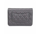 A gray quilted leather wallet with a silver-tone interlocking CC logo and a matching gray chain strap, shown on a plain white background.