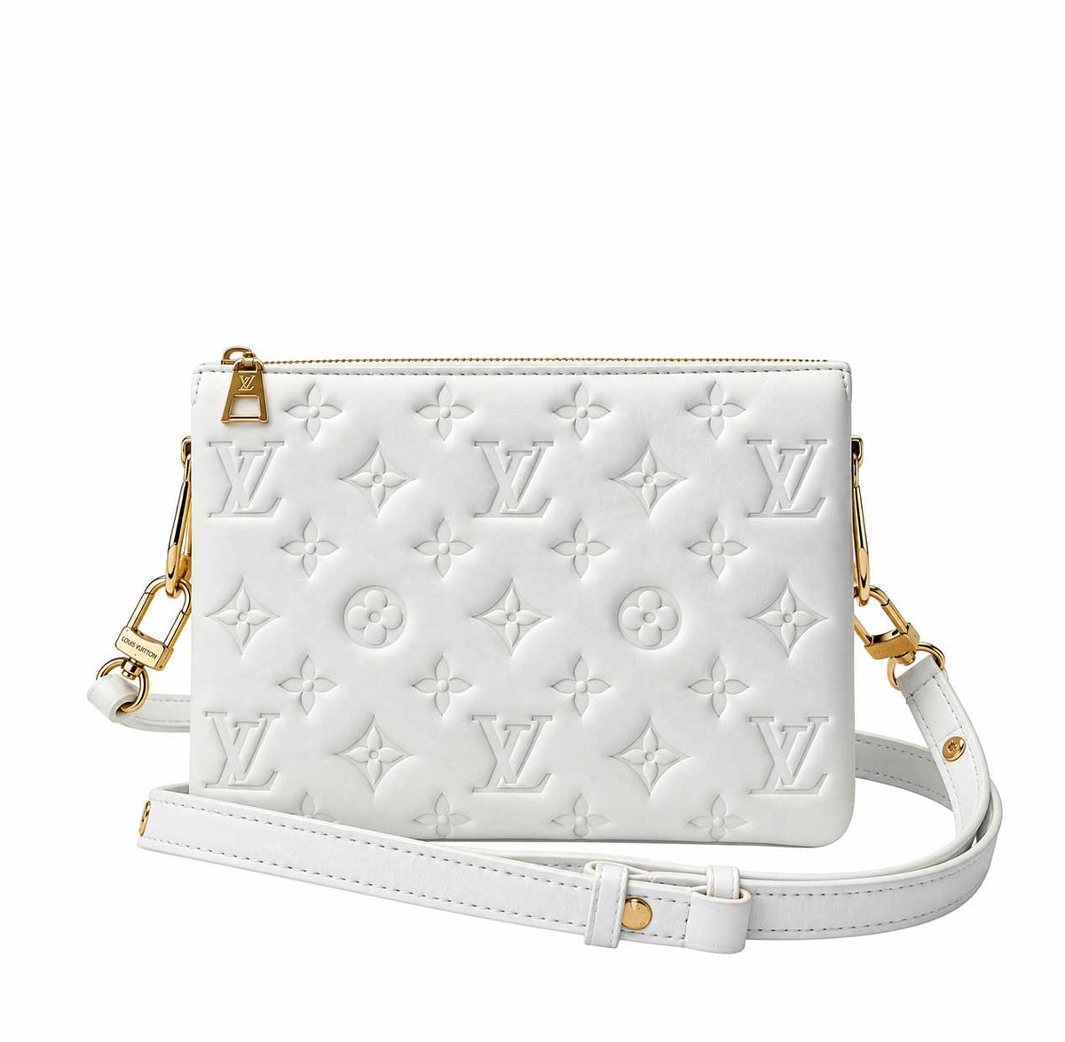 A white embossed Louis Vuitton shoulder bag with a signature monogram pattern and a chunky gold chain strap, shown against a plain white background.