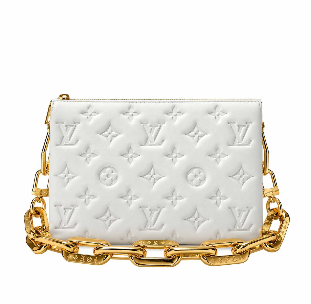 A white embossed Louis Vuitton shoulder bag with a signature monogram pattern and a chunky gold chain strap, shown against a plain white background.