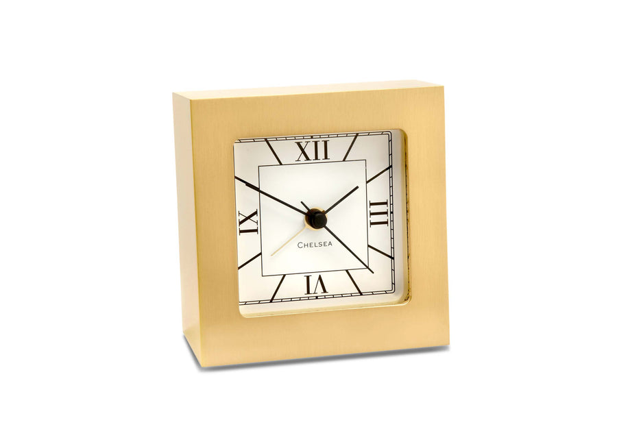 Square Desk Alarm Clock in Brass with Glow-in-the-Dark Hands