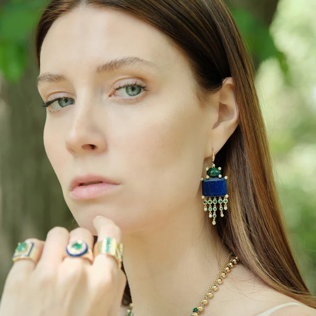 Lapis, Opal, Emerald, Diamond Drop Earrings