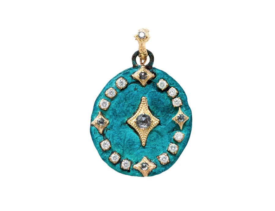 Arementa 18kt yellow gold and brass enhancer medallion artifact with 2.523 ct white and grey diamonds