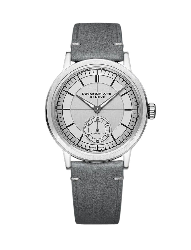 Raymond Weil Millesime Men's Automatic Small Seconds Silver Sector Dial Leather Strap Watch, 39.5mm