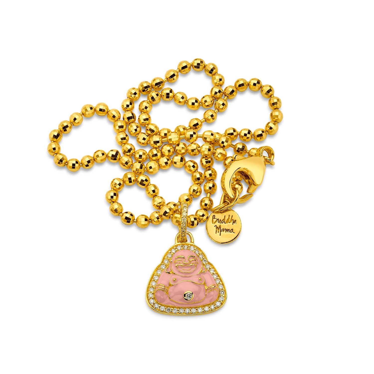 Diamond & Pink Enamel Baby Buddha Pendant in 20kt Yellow Gold