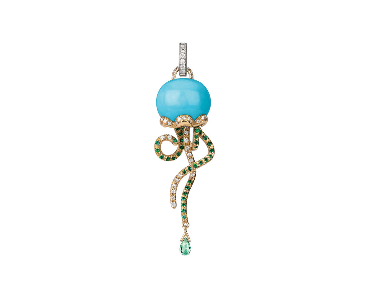 Chantecler Campanelle Marinelle Medusa pendant in 18K yellow and white gold with diamonds, emeralds, sapphire, and turquoise.