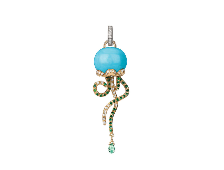 Chantecler Campanelle Marinelle Medusa pendant in 18K yellow and white gold with diamonds, emeralds, sapphire, and turquoise.