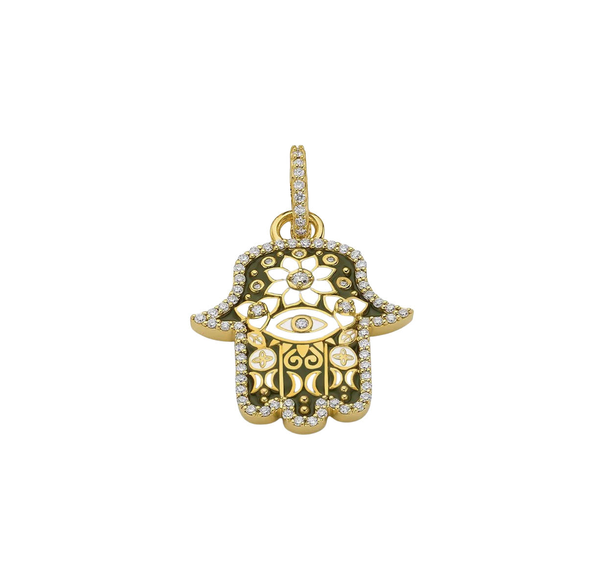 20kt Yellow Gold Diamond & Army Green Enamel Small Hamsa Pendant