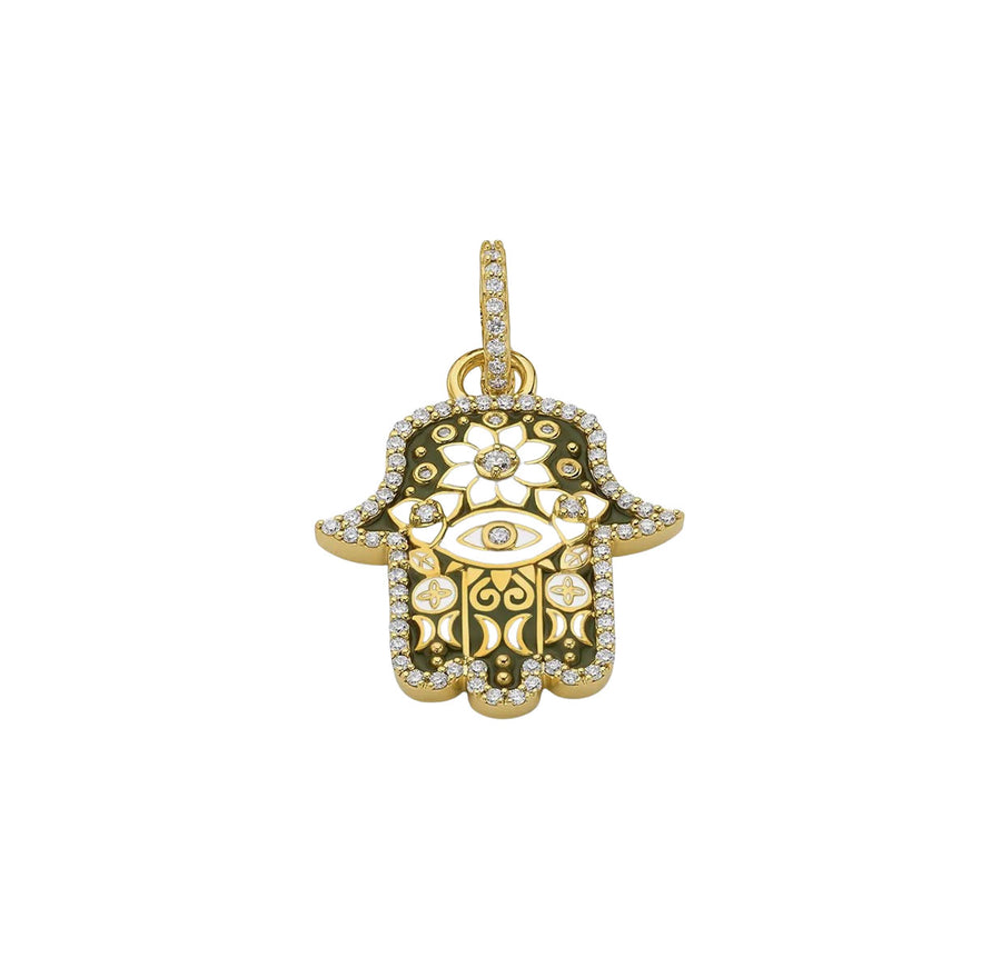 20kt Yellow Gold Diamond & Army Green Enamel Small Hamsa Pendant