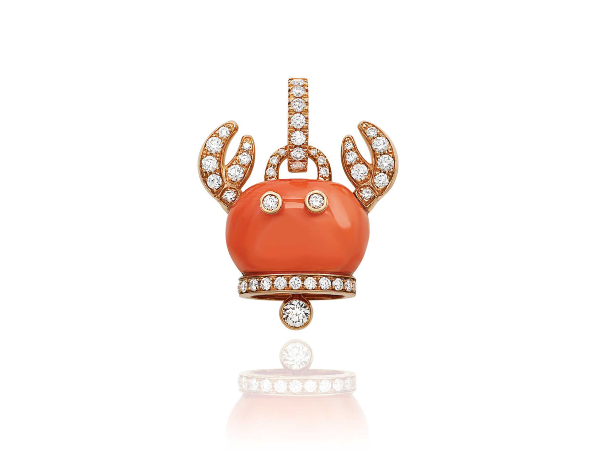 18kt Rose Gold Crab Pendant with Diamonds and Red Coral