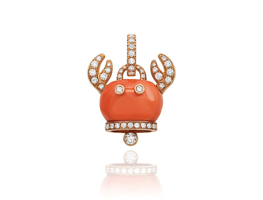 18kt Rose Gold Crab Pendant with Diamonds and Red Coral
