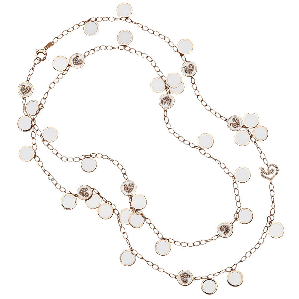 "Paillettes" 18kt Pink Gold Diamond White Enamel Long Necklace