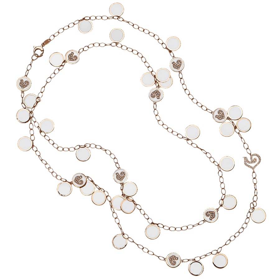 "Paillettes" 18kt Pink Gold Diamond White Enamel Long Necklace