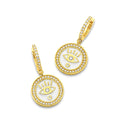 Buddha Mama 0.71 ct Diamond & White Enamel Evil Eye Pendant Huggie Earrings in 20 kt Yellow Gold