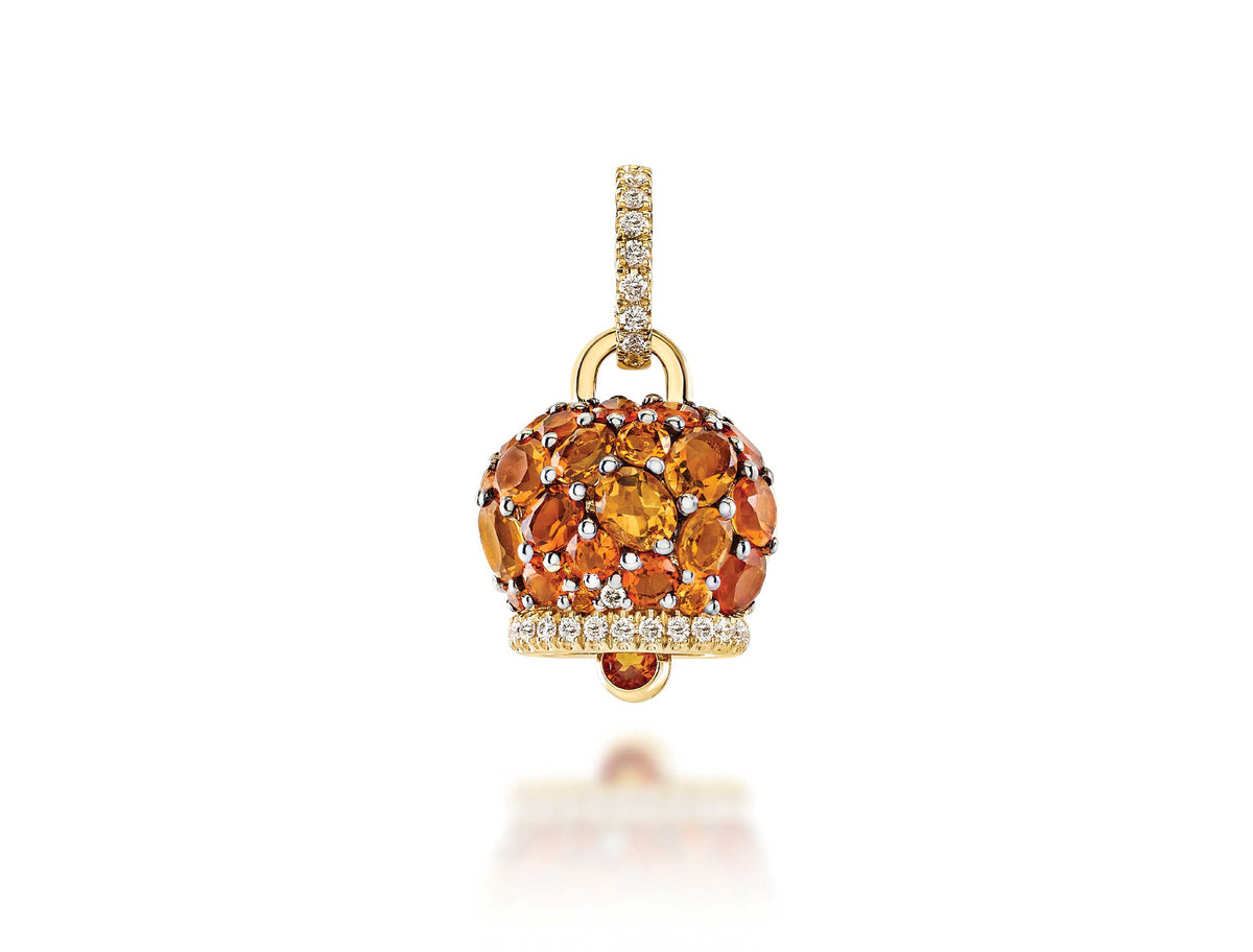 Chantecler Campanelle 9kt yellow gold bell pendant with oval-cut citrines and brilliant-cut diamonds.