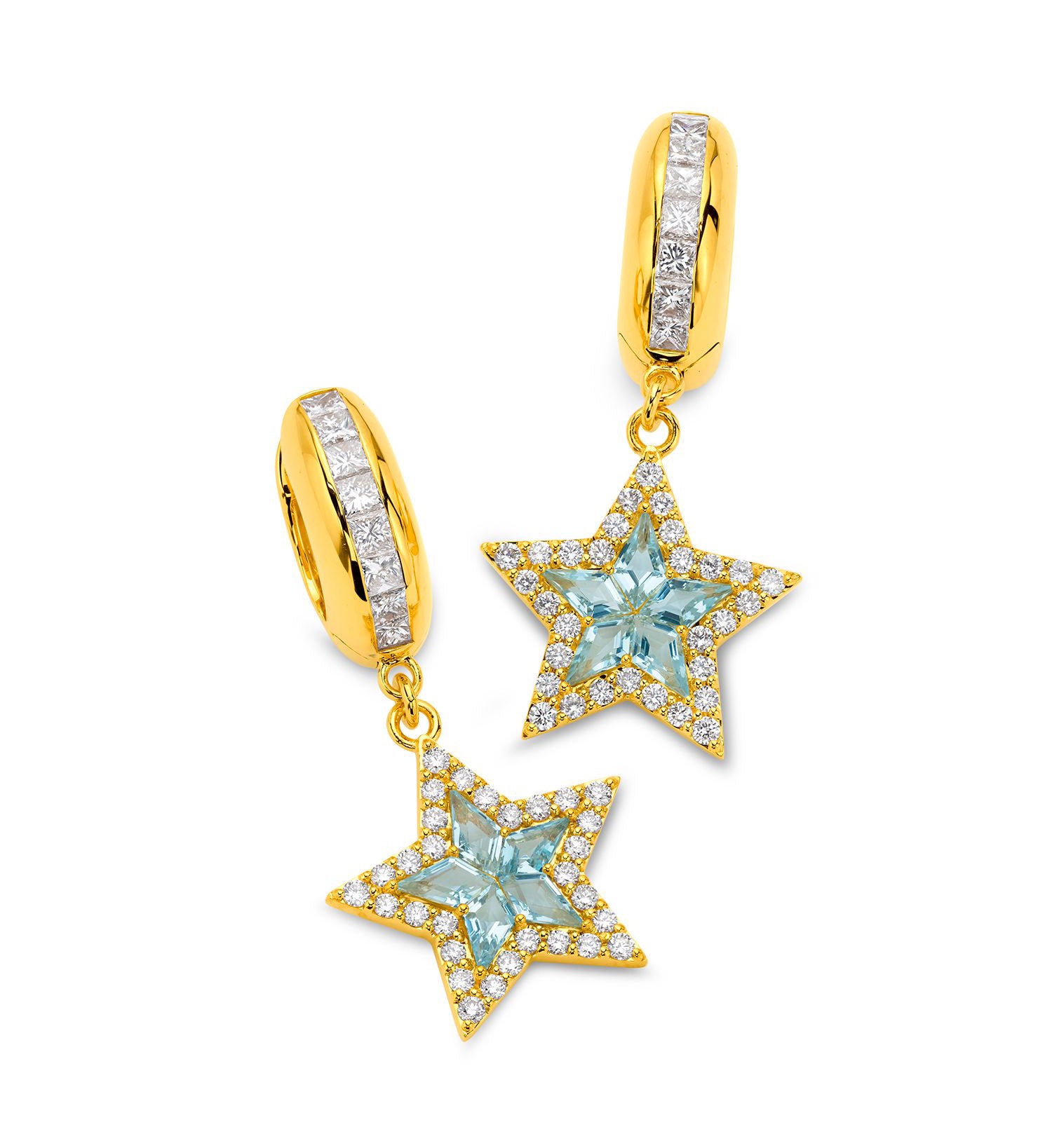 20kt Yellow Gold Aquamarine & Diamond Star Huggie Earrings