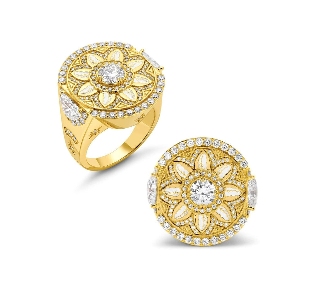 Buddha Mama 3.97 ct Diamond Feather Signet Ring in 20 kt Yellow Gold